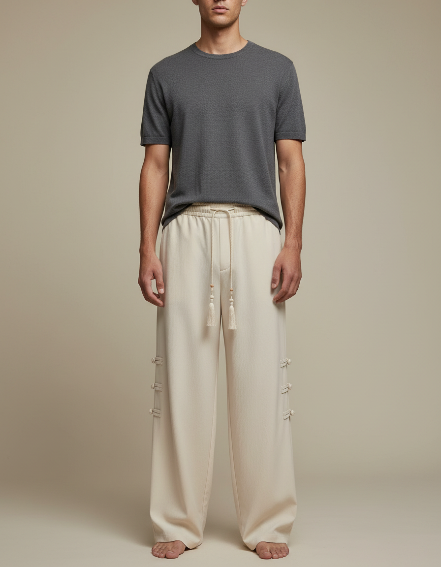 Pantalon Chinois Crème Ample Tassels Boutons Décontracté - Beige Lin