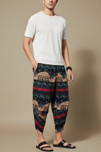 Pantalon Chinois Harem Imprimé Ethnique Coton Ample