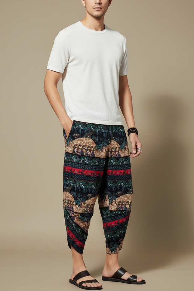 Pantalon Chinois Harem Imprimé Ethnique Coton Ample