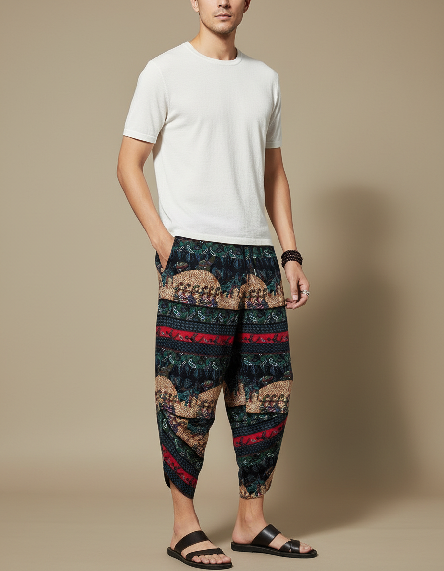 Pantalon Chinois Harem Imprimé Ethnique Coton Ample