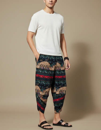 Pantalon Chinois Harem Imprimé Ethnique Coton Ample