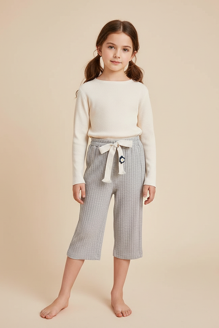 Pantalon Chinois Gris Côtelé Ample Décontracté Fille - Maille