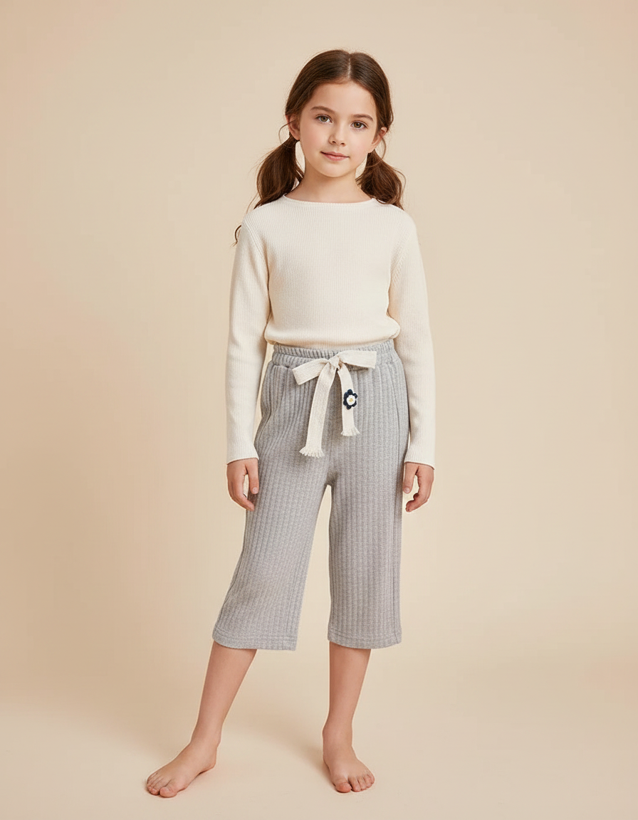 Pantalon Chinois Gris Côtelé Ample Décontracté Fille - Maille