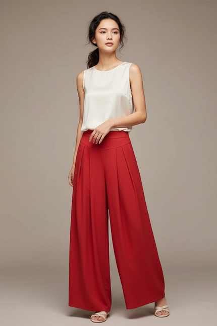 Pantalon Chinois Rouge Plissé Fluide Élégant Femme - Satin