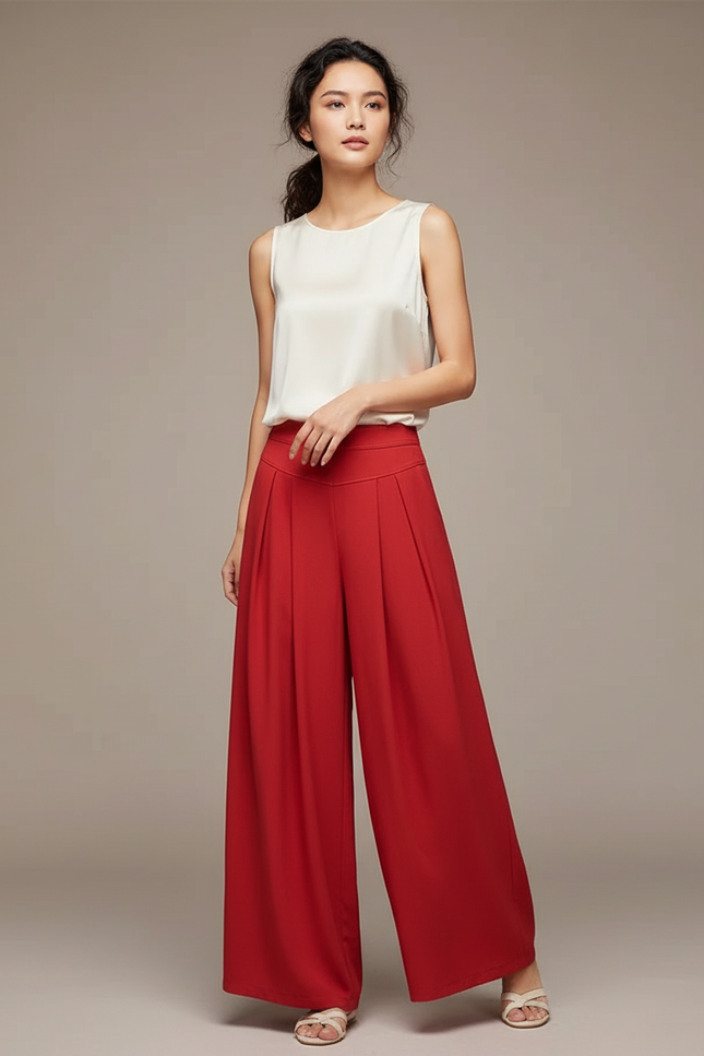 Pantalon Chinois Rouge Plissé Fluide Élégant Femme - Satin