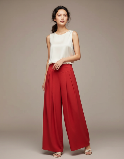 Pantalon Chinois Rouge Plissé Fluide Élégant Femme - Satin