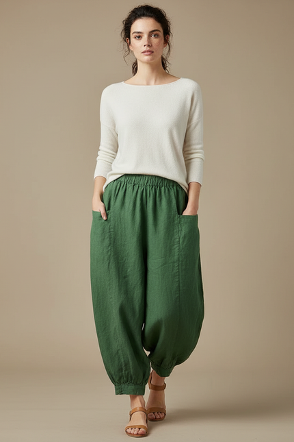 Pantalon Chinois Vert Ample Lin Harem Décontracté