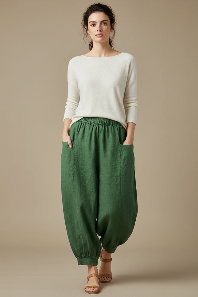 Pantalon Chinois Vert Ample Lin Harem Décontracté