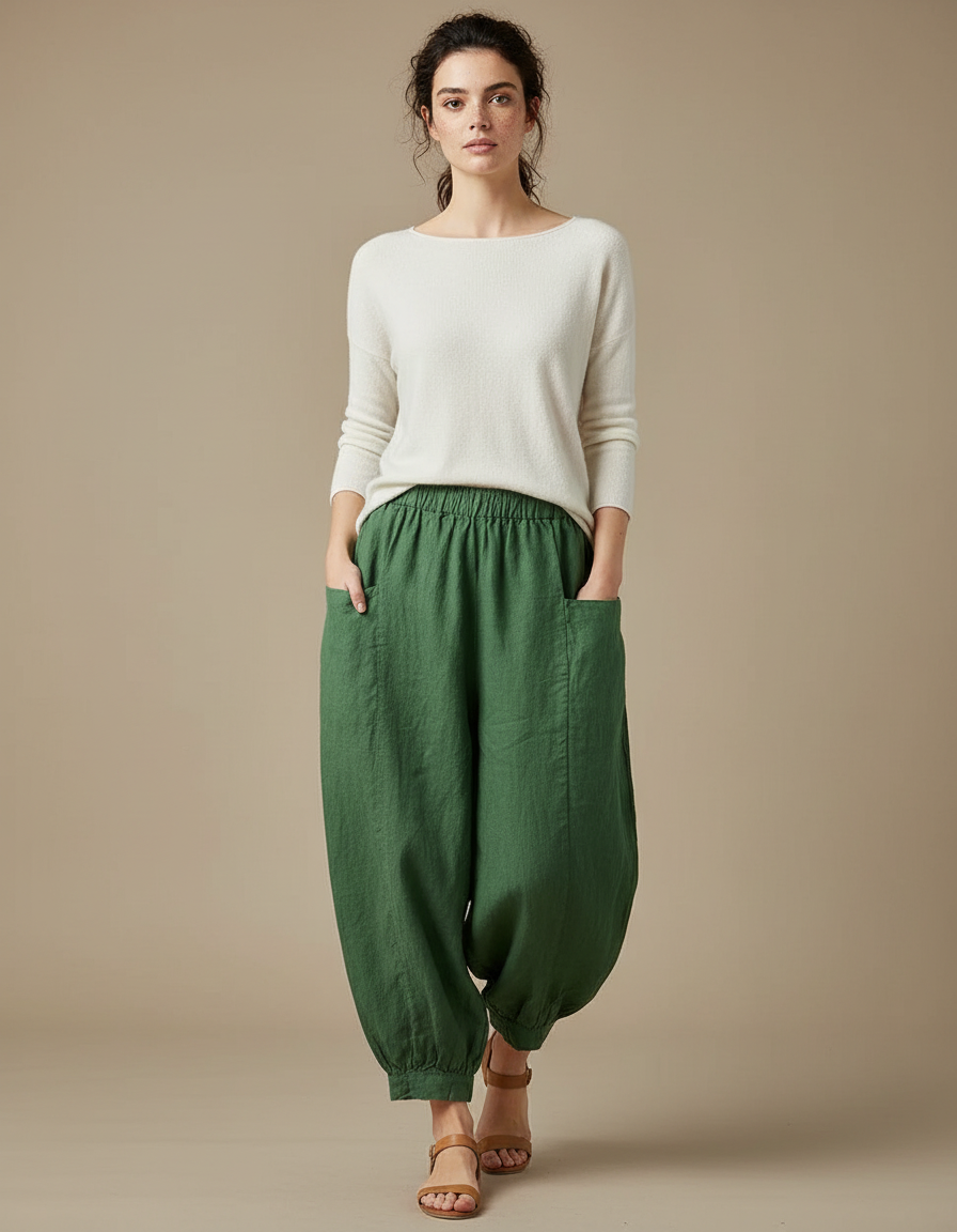 Pantalon Chinois Vert Ample Lin Harem Décontracté