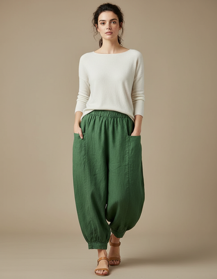 Pantalon Chinois Vert Ample Lin Harem Décontracté