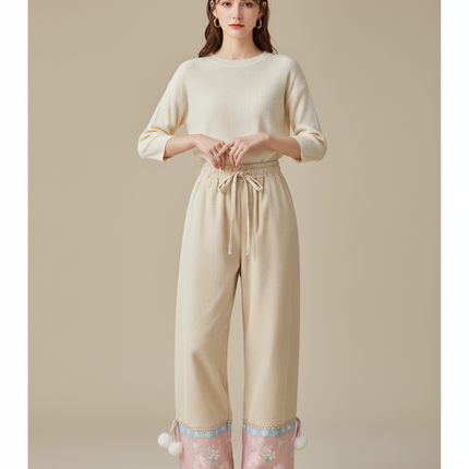 Pantalon Chinois Velours Côtelé Brodé Rose Ample Hiver - Beige Cordé