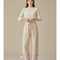 Pantalon Chinois Velours Côtelé Brodé Rose Ample Hiver - Beige Cordé