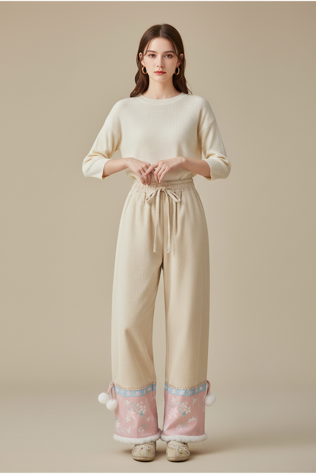 Pantalon Chinois Velours Côtelé Brodé Rose Ample Hiver - Beige Cordé