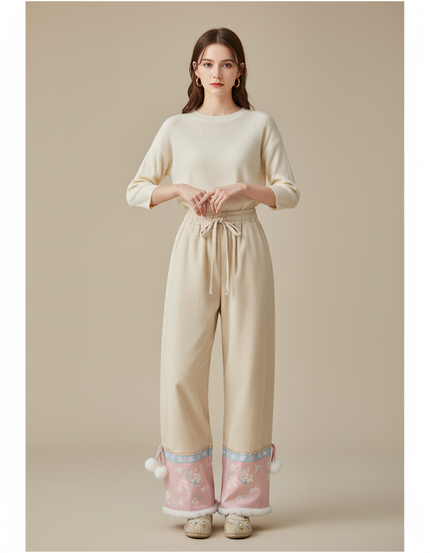 Pantalon Chinois Velours Côtelé Brodé Rose Ample Hiver - Beige Cordé