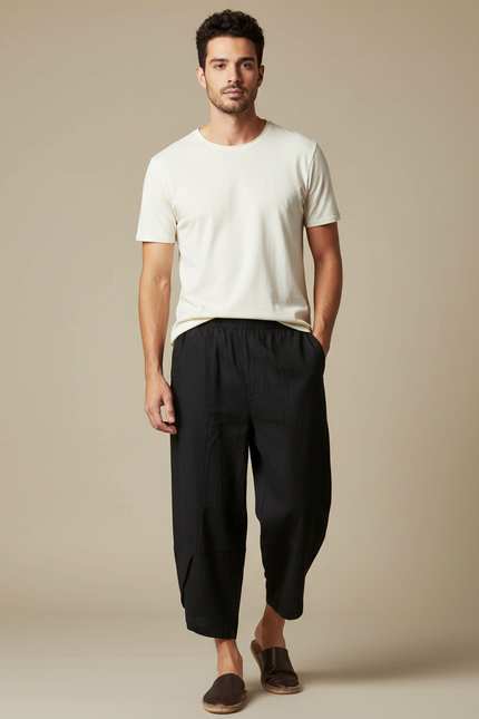 Pantalon Chinois Noir Coton Lin Harem Homme