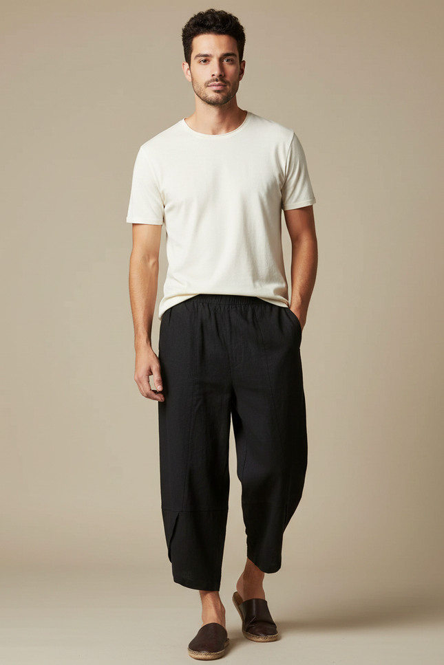 Pantalon Chinois Noir Coton Lin Harem Homme