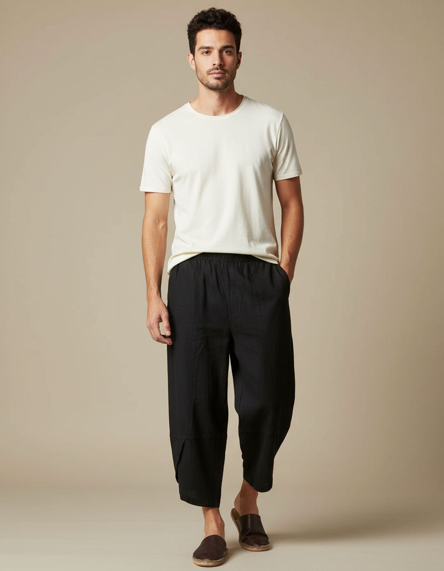 Pantalon Chinois Noir Coton Lin Harem Homme
