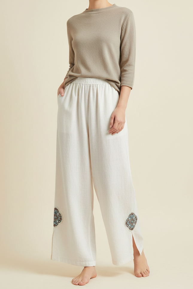 Pantalon Chinois Lin Ample Brodé Fendu Décontracté - Blanc