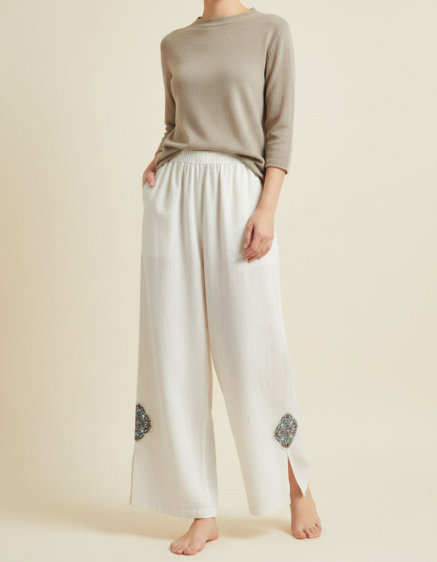 Pantalon Chinois Lin Ample Brodé Fendu Décontracté - Blanc