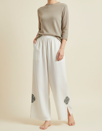 Pantalon Chinois Lin Ample Brodé Fendu Décontracté - Blanc