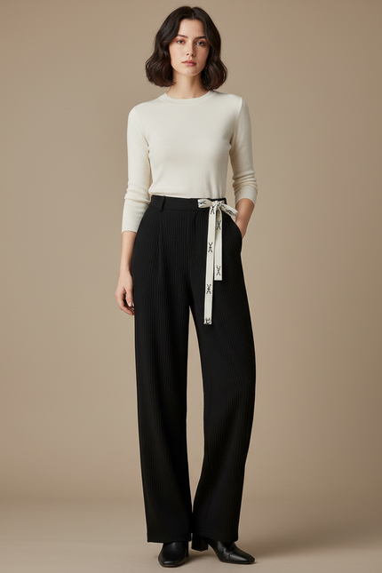 Pantalon Chinois Noir Côtelé Ample Décontracté Ceinture - Cordé