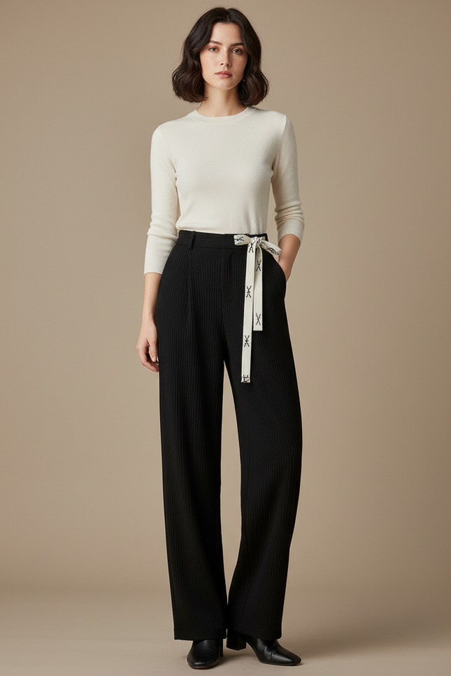 Pantalon Chinois Noir Côtelé Ample Décontracté Ceinture - Cordé