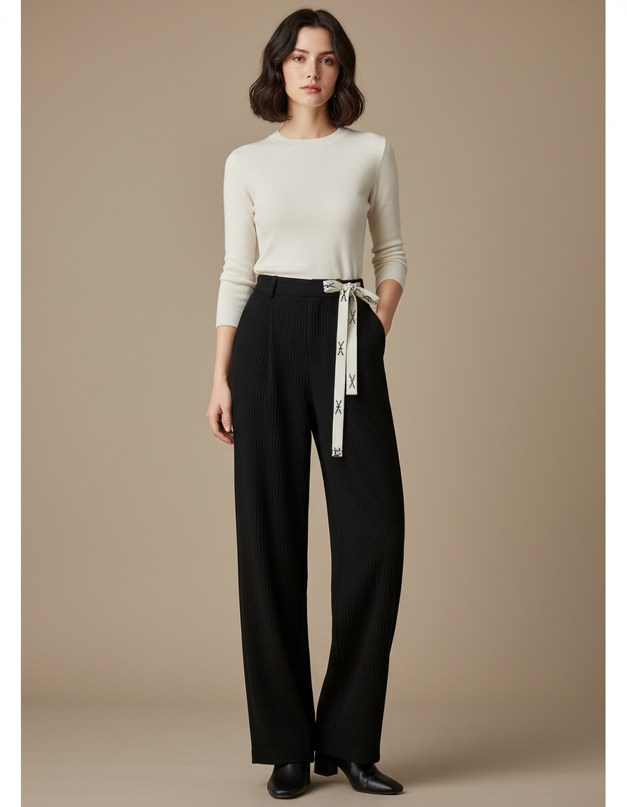 Pantalon Chinois Noir Côtelé Ample Décontracté Ceinture - Cordé