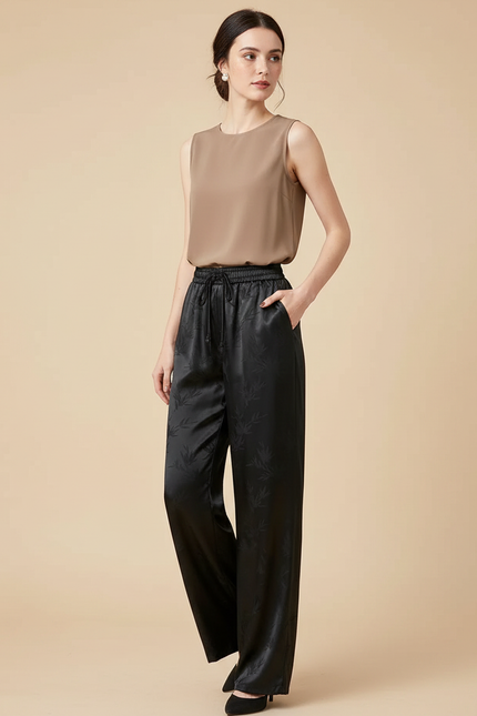 Pantalon Chinois Satin Jacquard Ample Noir Élégant Fluide