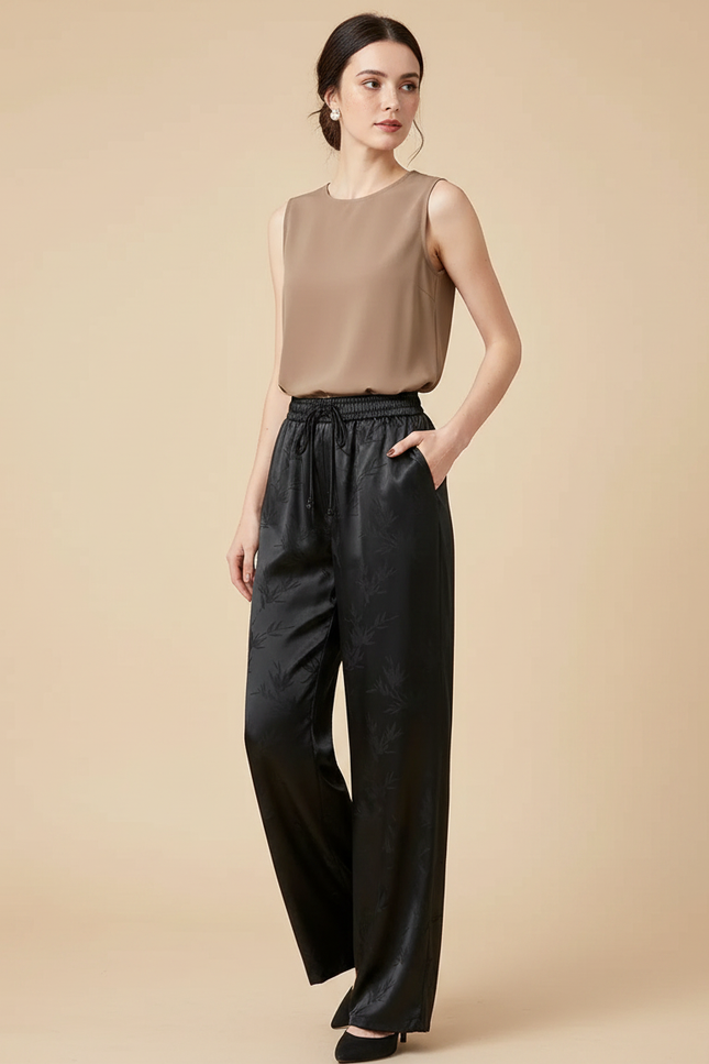 Pantalon Chinois Satin Jacquard Ample Noir Élégant Fluide