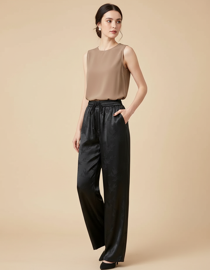 Pantalon Chinois Satin Jacquard Ample Noir Élégant Fluide