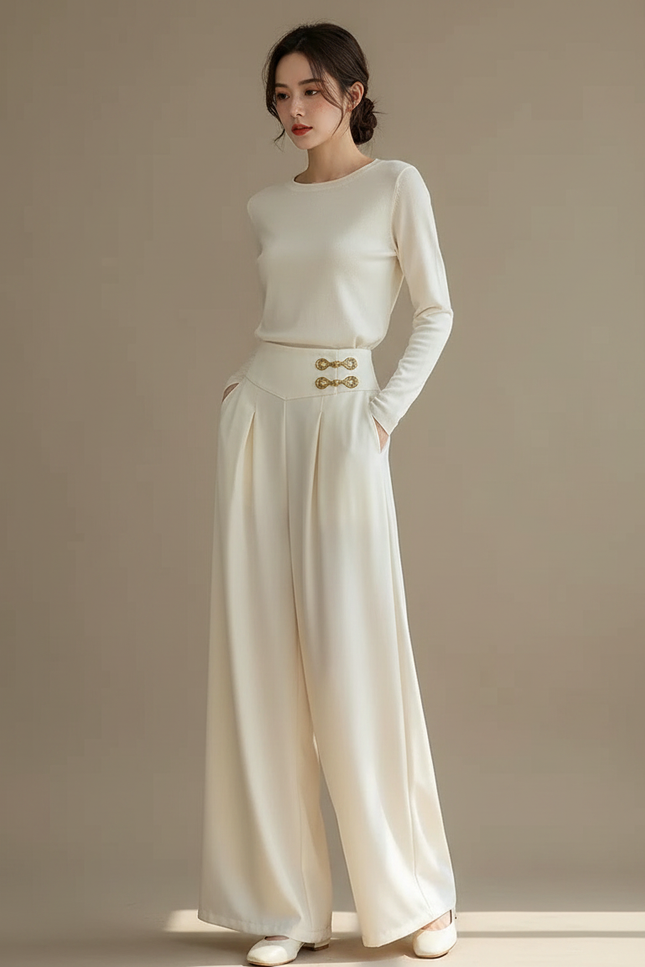 Pantalon Chinois Blanc Cassé Taille Haute Fluide Élégant - Beige Satin