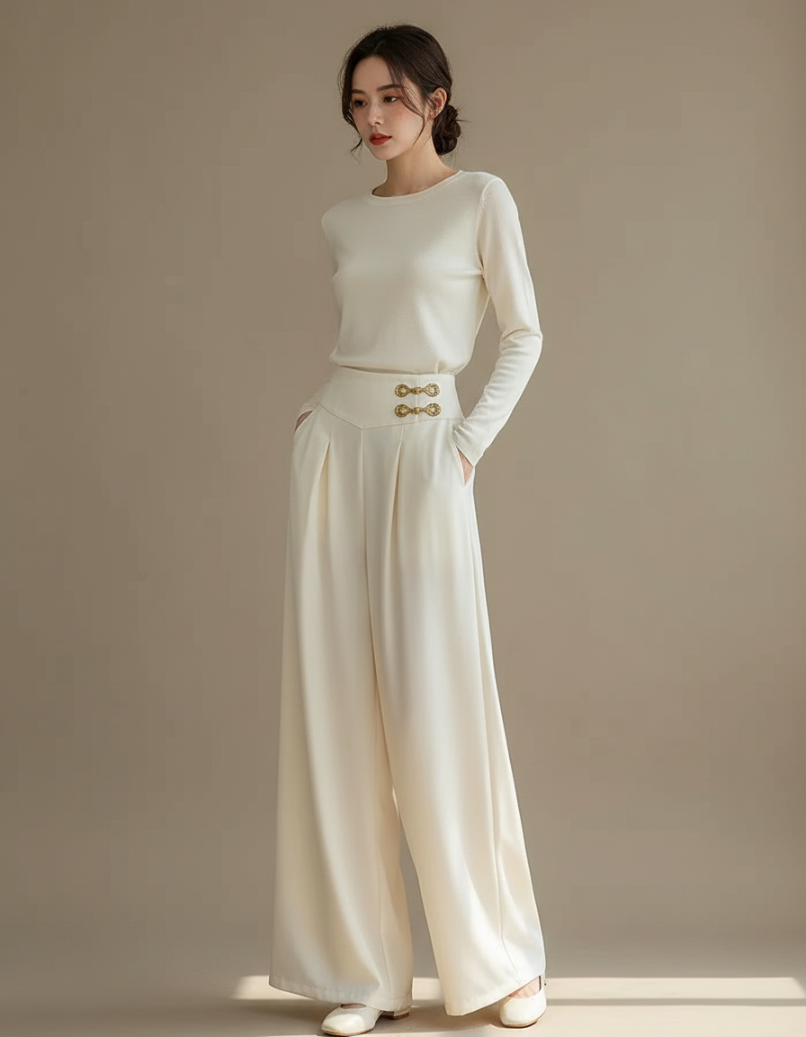 Pantalon Chinois Blanc Cassé Taille Haute Fluide Élégant - Beige Satin