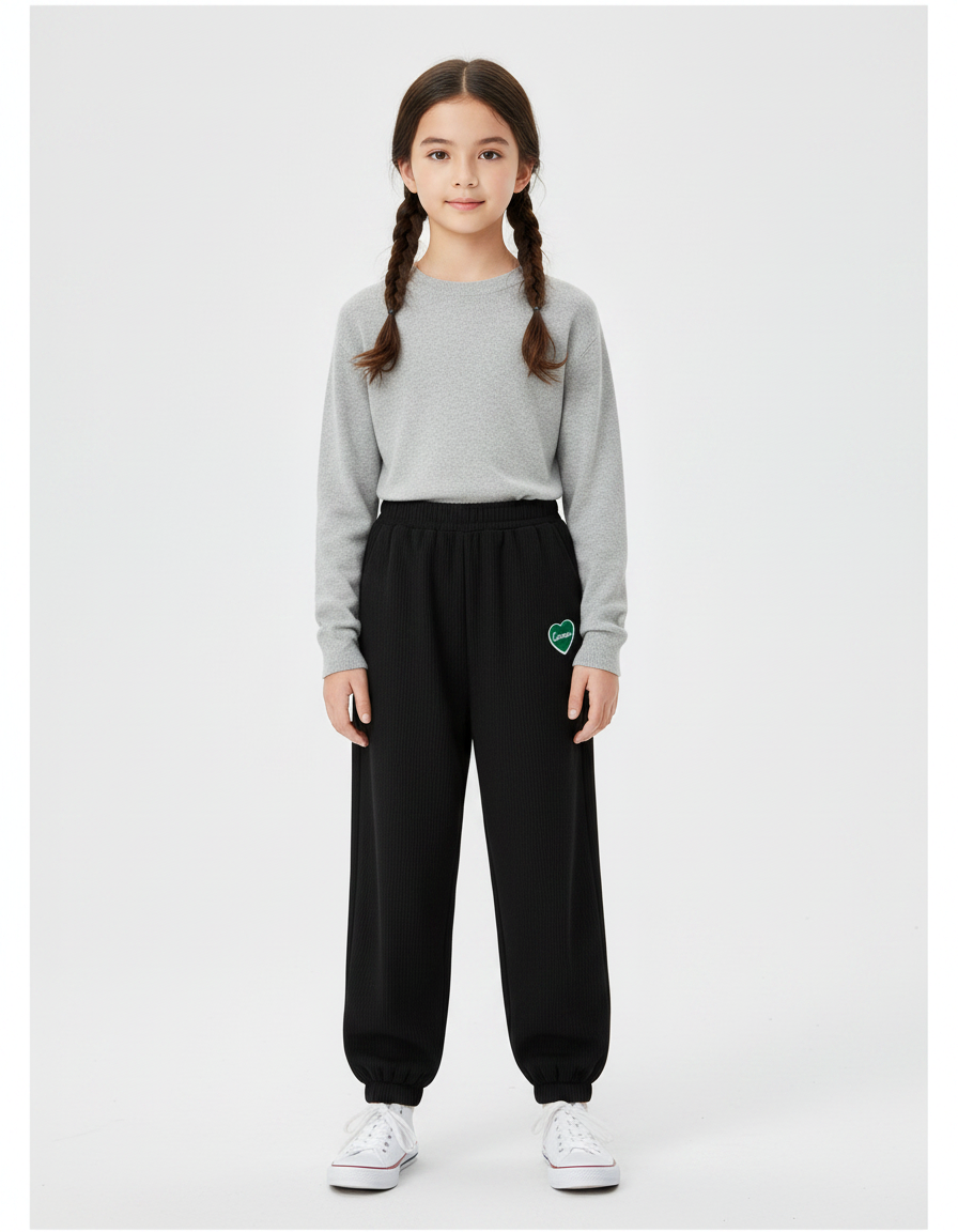 Pantalon Chinois Noir Côtelé Ample Confortable Fille Coeur - Cordé