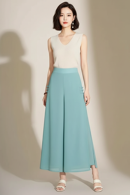 Pantalon Chinois Fluide Bleu Chiffon Fendu Élégant - Polyester