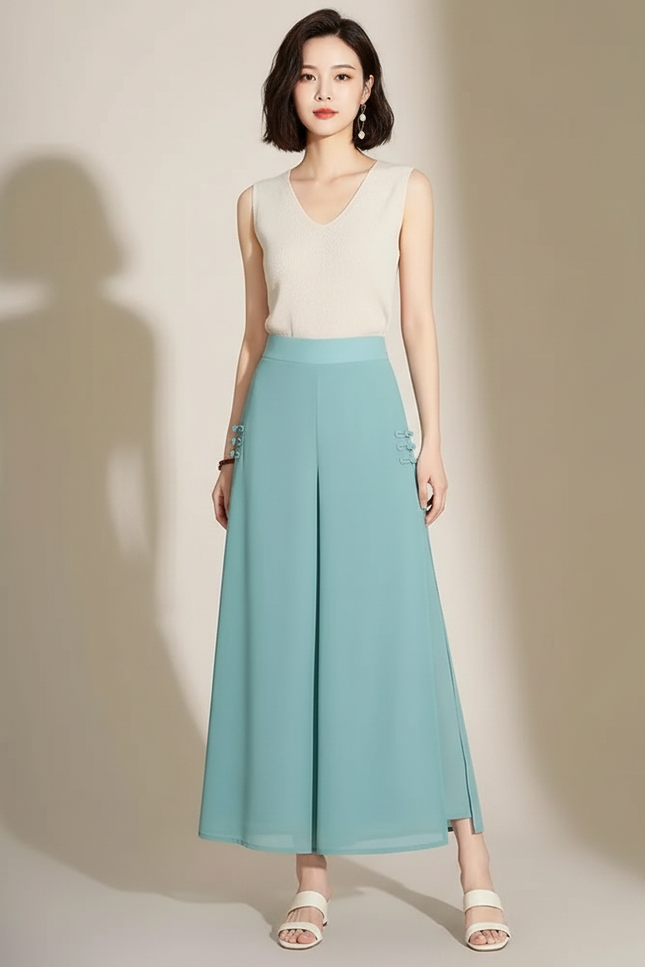 Pantalon Chinois Fluide Bleu Chiffon Fendu Élégant - Polyester