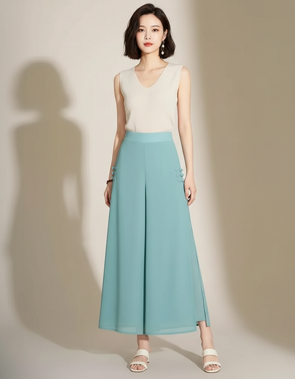Pantalon Chinois Fluide Bleu Chiffon Fendu Élégant - Polyester