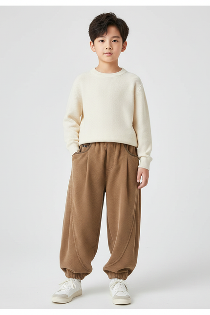 Pantalon Chinois Marron Côtelé Ample Décontracté Enfant - Cordé