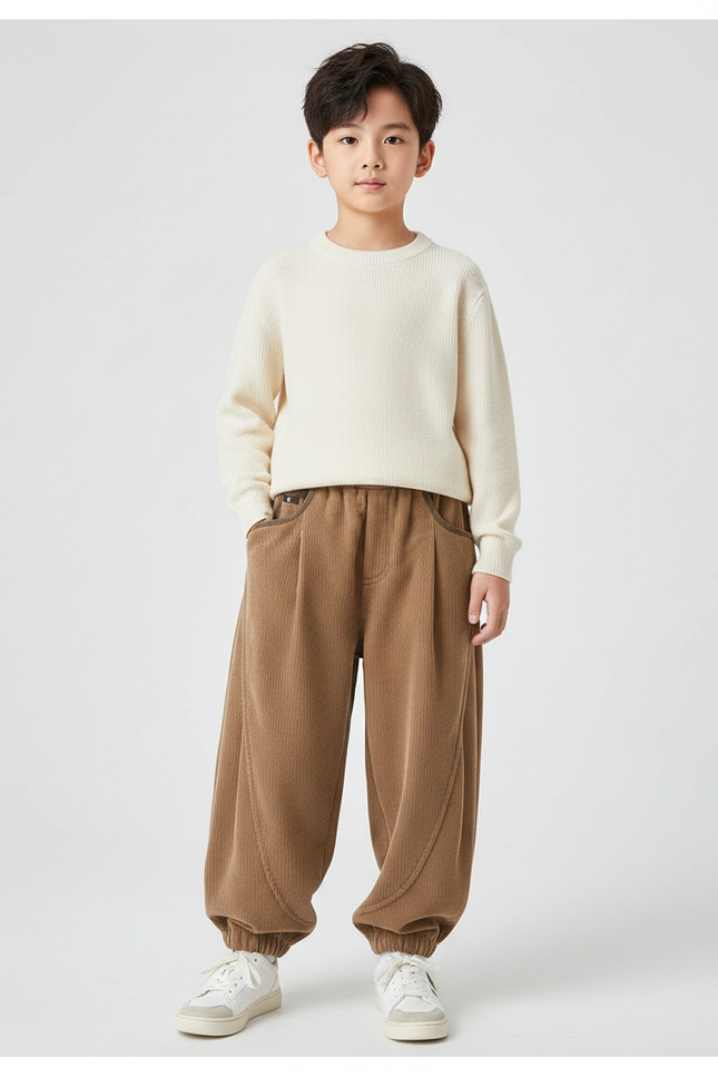 Pantalon Chinois Marron Côtelé Ample Décontracté Enfant - Cordé