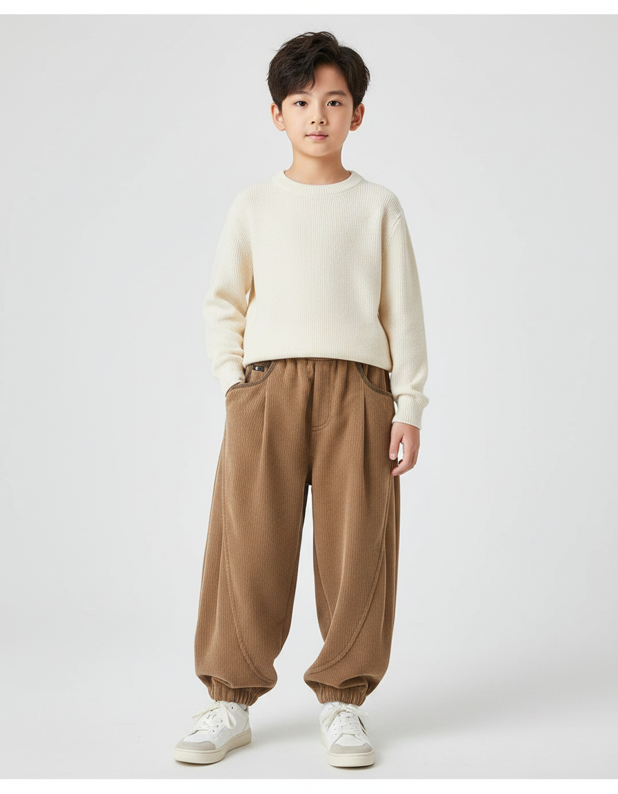 Pantalon Chinois Marron Côtelé Ample Décontracté Enfant - Cordé