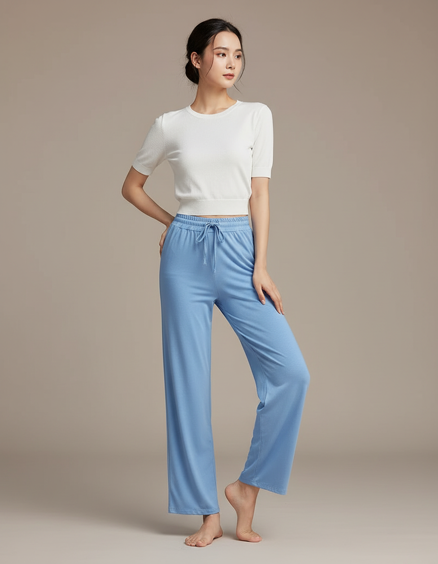 Pantalon Chinois Bleu Ciel Fluide Droit Élégant Femme - Viscose