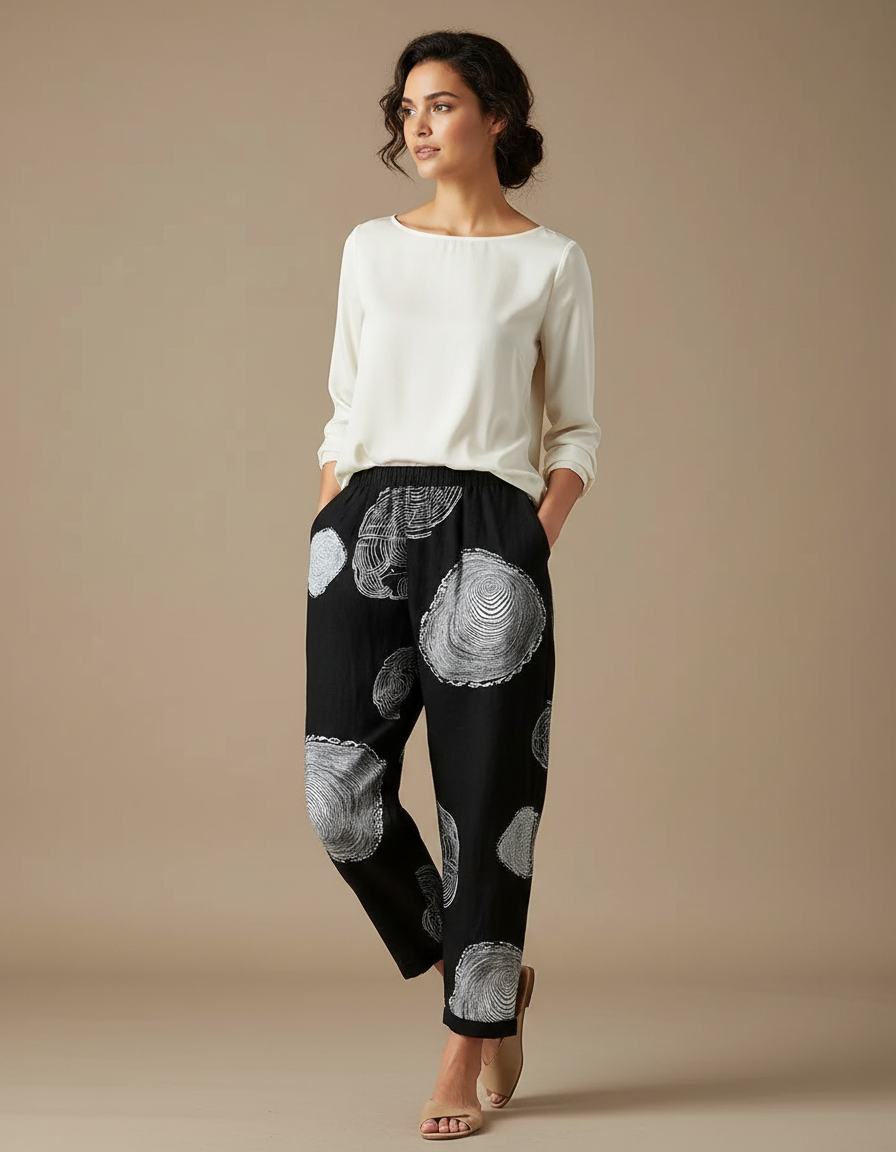Pantalon Chinois Noir Ample Imprimé Coton Lin