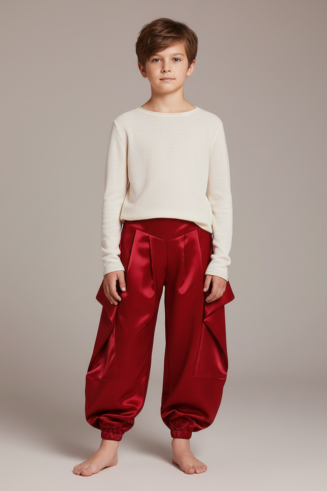 Pantalon Chinois Rouge Satiné Plissé Ample Enfant