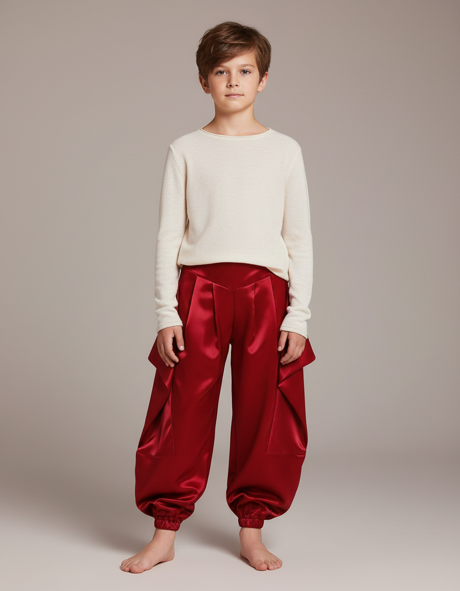 Pantalon Chinois Rouge Satiné Plissé Ample Enfant