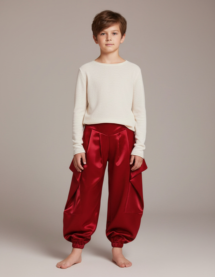 Pantalon Chinois Rouge Satiné Plissé Ample Enfant