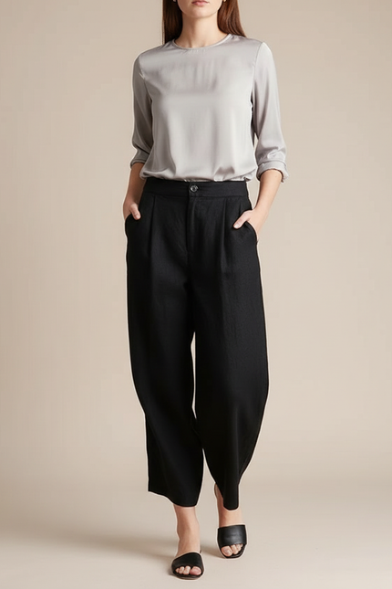 Pantalon Chinois Noir Ample Plissé Coton Lin