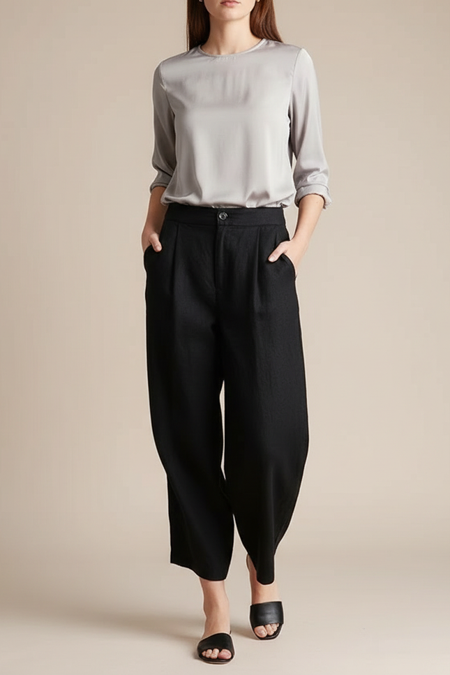 Pantalon Chinois Noir Ample Plissé Coton Lin