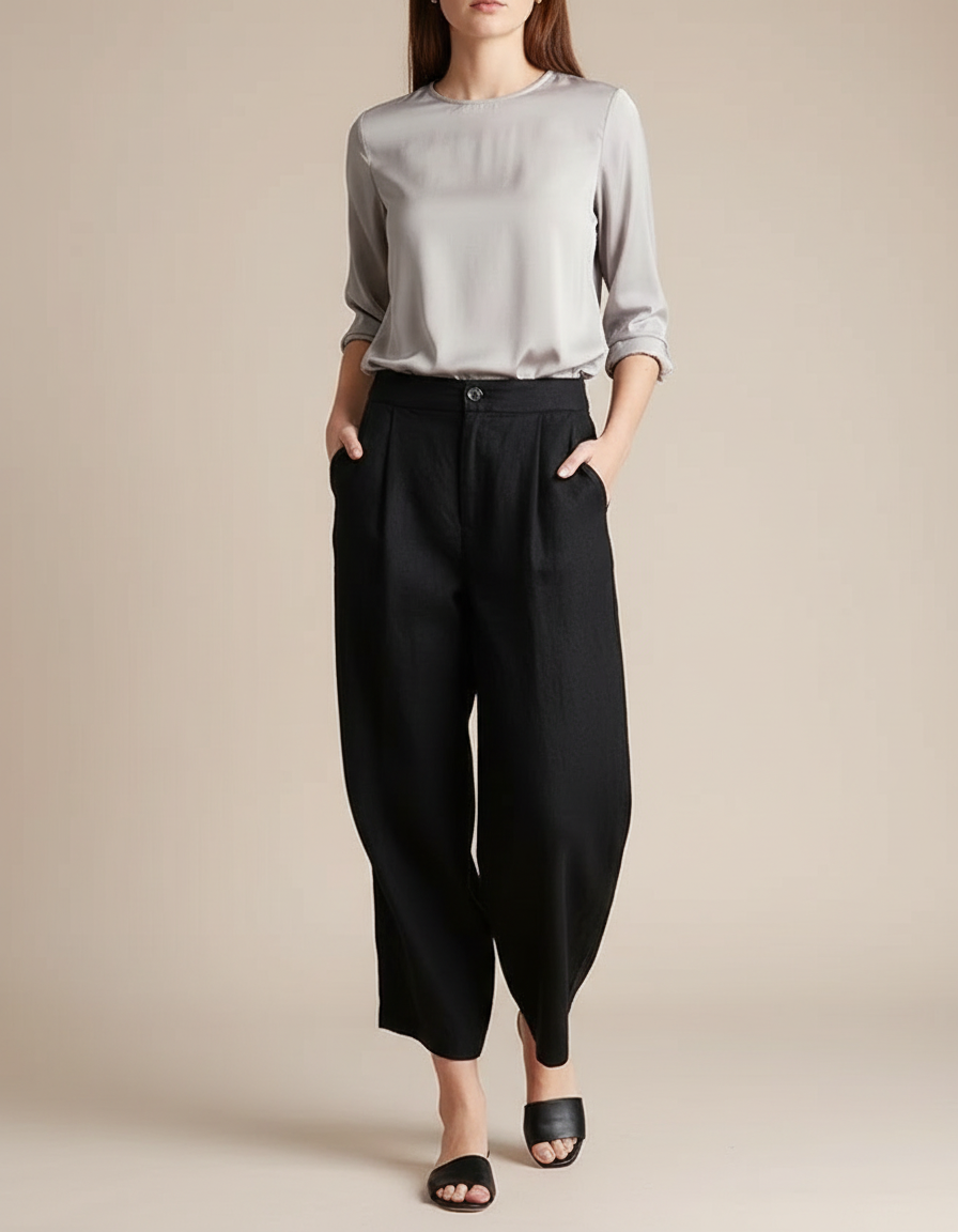 Pantalon Chinois Noir Ample Plissé Coton Lin