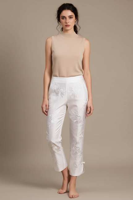 Pantalon Chinois Blanc Brodé Floral Élégant Femme - Satin