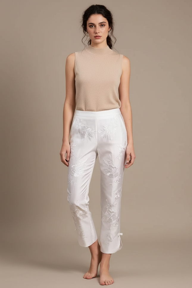 Pantalon Chinois Blanc Brodé Floral Élégant Femme - Satin