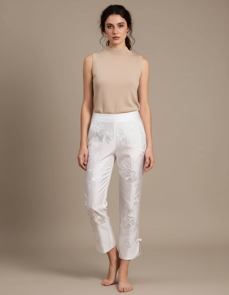 Pantalon Chinois Blanc Brodé Floral Élégant Femme - Satin